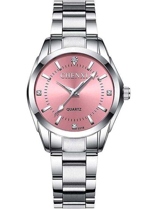 Women\'s Pink Dial Analog Quartz Silver Stainless Steel Luminous Waterproof Watch